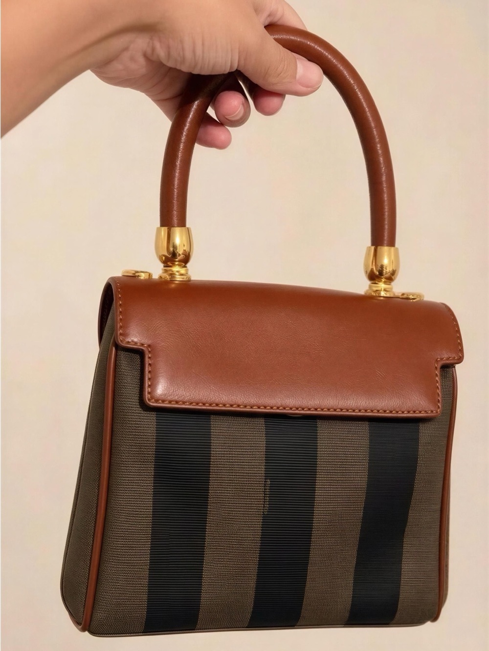 Fendi Brown and Black Striped Handbag with replacement crossbody strap
